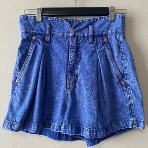 Vintage High Waisted Pleated Blue Denim Retro Shorts Cotton Made in Hong Kong